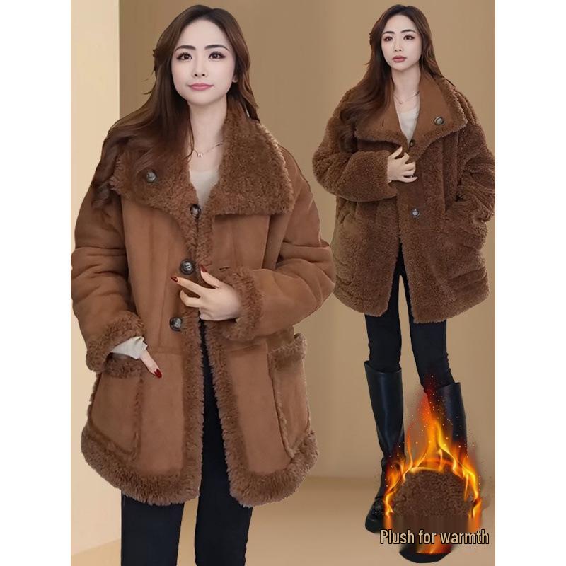 Autumn/Winter 2025 Women's Mid-Length Fleece-Lined Lambswool Reversible Fur Coat