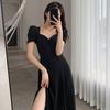 Square Neck Bubble Sleeve Split Black Dress Women's Summer New French Design Niche Long Dress