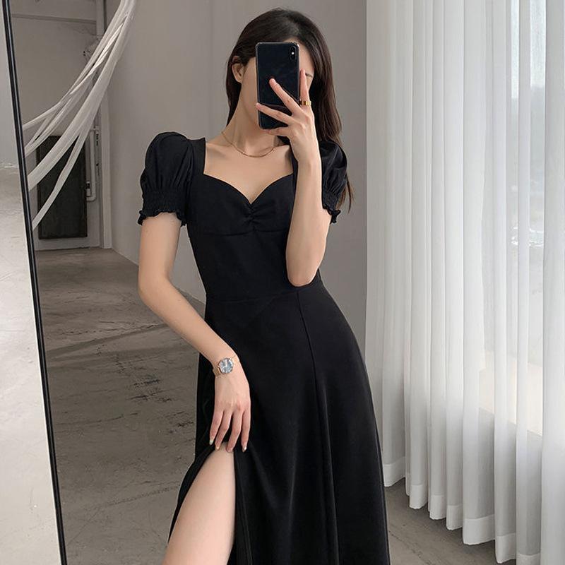 Square Neck Bubble Sleeve Split Black Dress Women's Summer New French Design Niche Long Dress