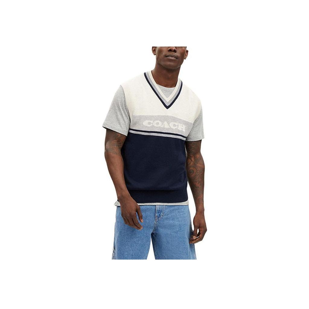 Coach Striped Letter Logo Inlaid V-Neck Vest Men vest Navy-Blue CO837-WXO