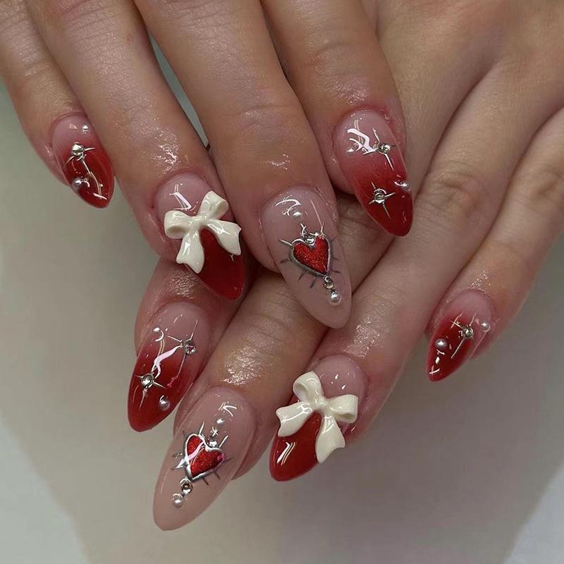24Pcs Blush Pink Almond Press On Nails With 3D Bowknots Glossy Full Cover False Nail Tips Sweet For Women Girls
