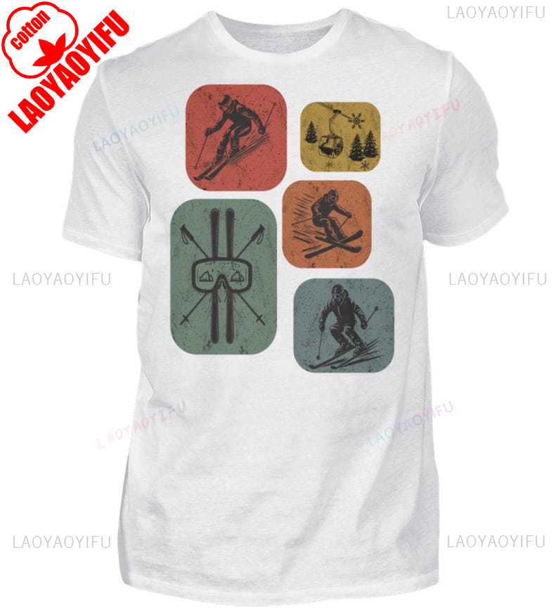 Ski Retro Style Unisexs Shirt Gift for Ski Fans Casual Style Tops Oneck Ropa Hombre Regular Short Sleeve High Quality Cotton TEE