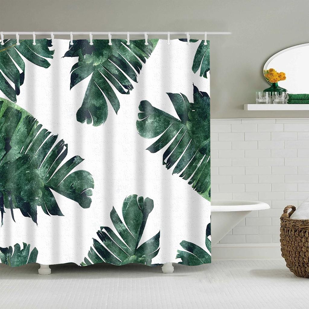 Watercolor Tropical Leaves Shower Curtain Waterproof Mildew Resistant Polyester Fabric With 12 Hooks Easy Installation For Bathr