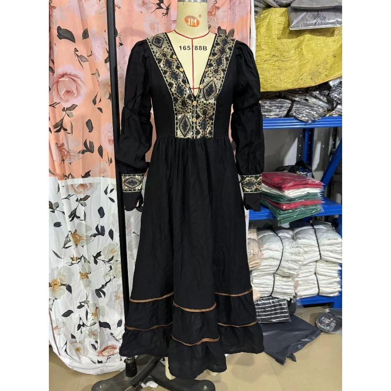 Vintage V-Ausschnitt Damen Langarm Langes Kleid Idyllisch Lässiges Langarmkleid Langes Kleid