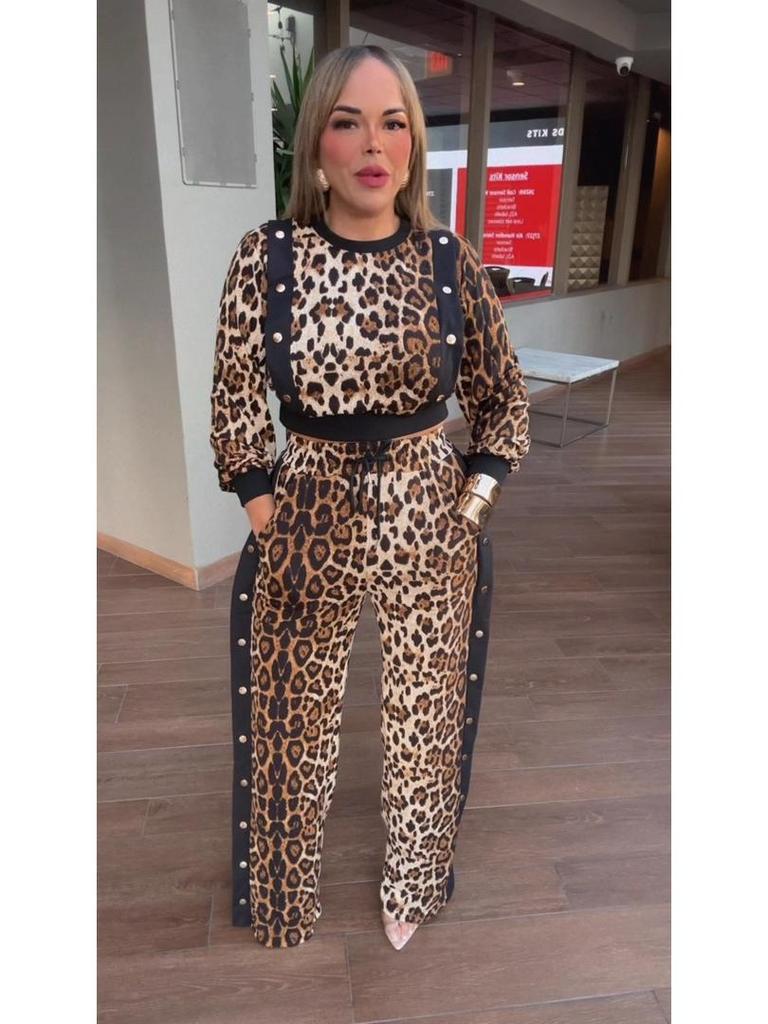 Patchwork-Zweiteiler mit Leopardenmuster: Rundhalsausschnitt, Langarm-Oberteil & Hose