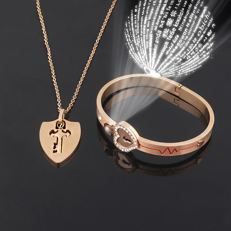 Couple Jewelry Stainless Steel Bracelet Love Heart Lock Bracelets Bangles Key Pendant Necklace for Lover Jewelry Gift