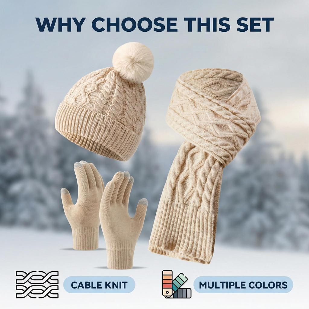 Women Winter Warm 3 Piece Set Twist Knit Beanie Scarf Gloves Solid Color Ski Christmas Gift