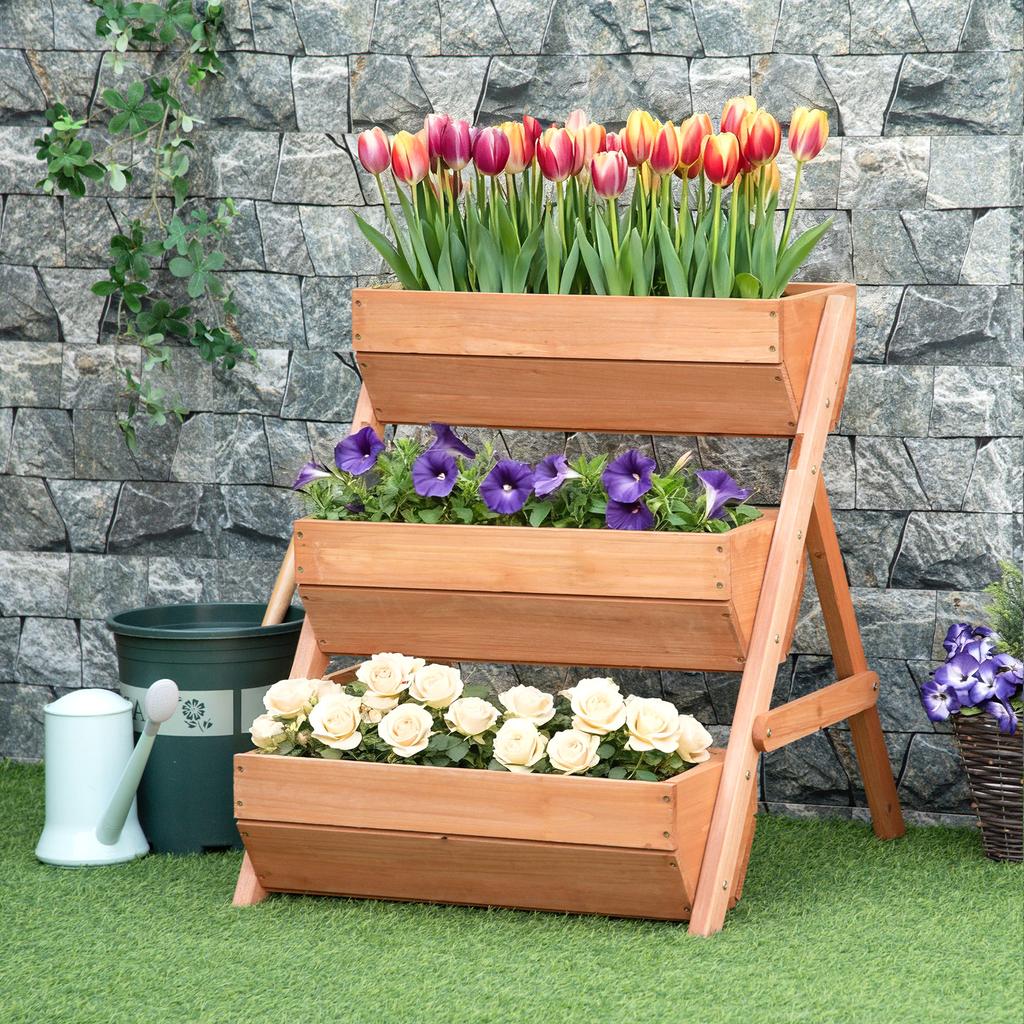 3 Tier Raised Garden Bed Wooden Elevated Planter Box Kit 66L For Flower Vegetable Herb 65x75x78cm Brown