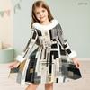 Girls Furry Trim Neck Long Sleeve Geometric Printed A Line Flared Dress With Waist Bow