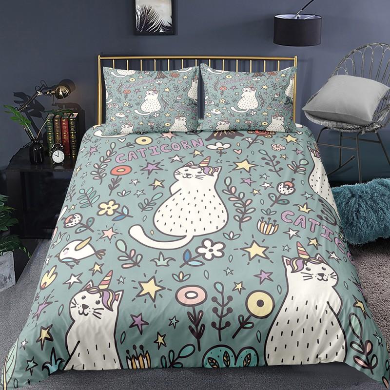 Cat Flowers King Queen Duvet Cover Cartoon Kitty Floral Bedding Set For Kids Lovely Animals Black 2/3pcs Polyester Quilt Cover