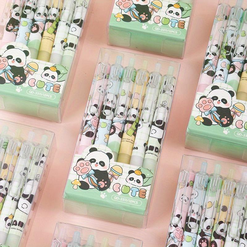 12pcs Cartoon Panda Box Press Pen Cute Metal Pen Clip Press Neutral Pen Black Signature Pen ST0.5mm Black Back To School Season