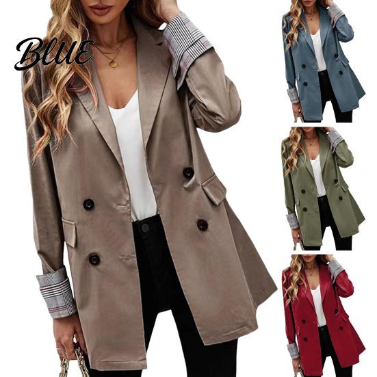Suit Jacket Women Coat Lapel Long Sleeve Striped Cuffs with Double Breasted Business Outwear Flap Pockets Solid Color Loose Fit