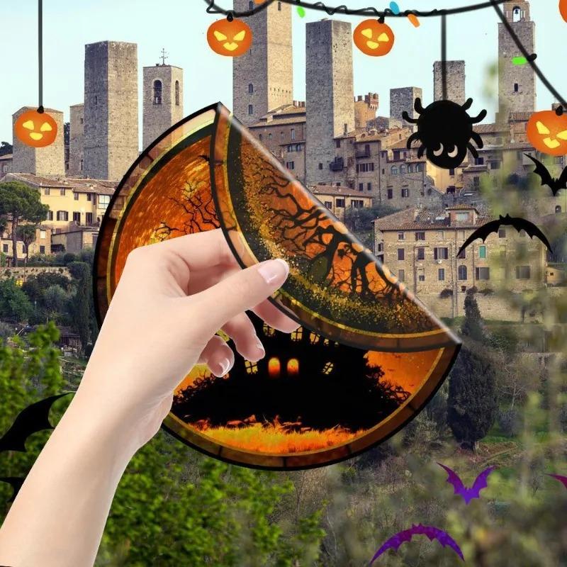 1-10PCS Halloween Stickers with Crow Cat Castle Tree Pumpkin Design Non Adhesive Electrostatic Window Film for Home Decoration