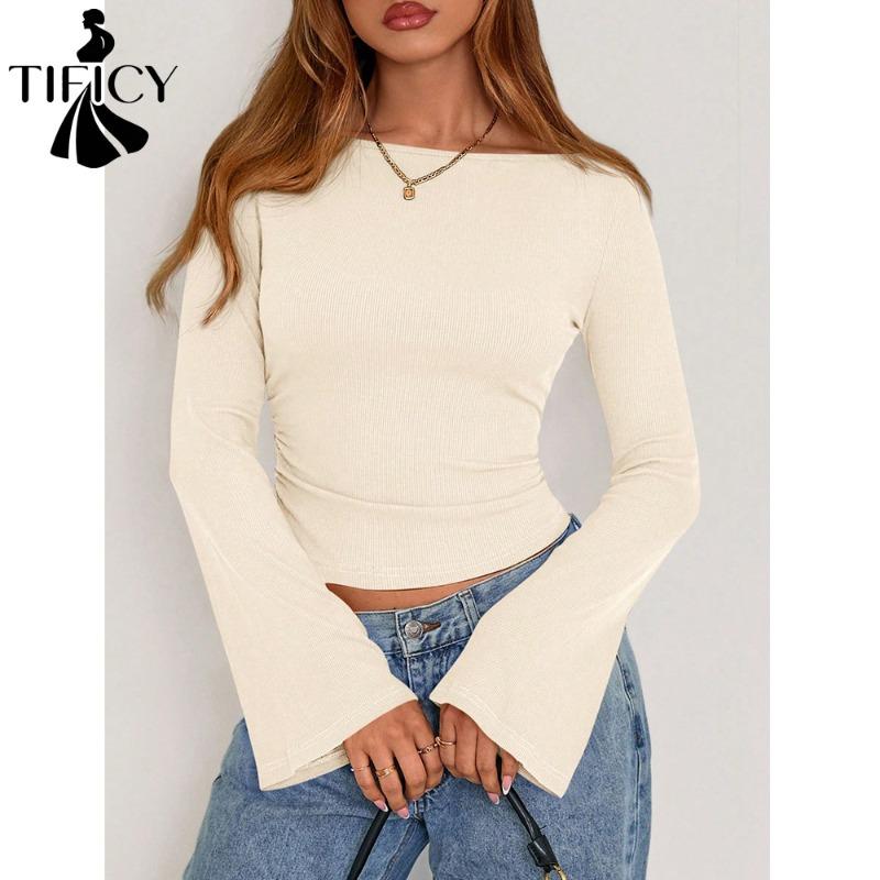 TIFICY Women's Fashion Casual Spring Autumn Solid Color Print Long Sleeve O-Neck Blouses & Shirts