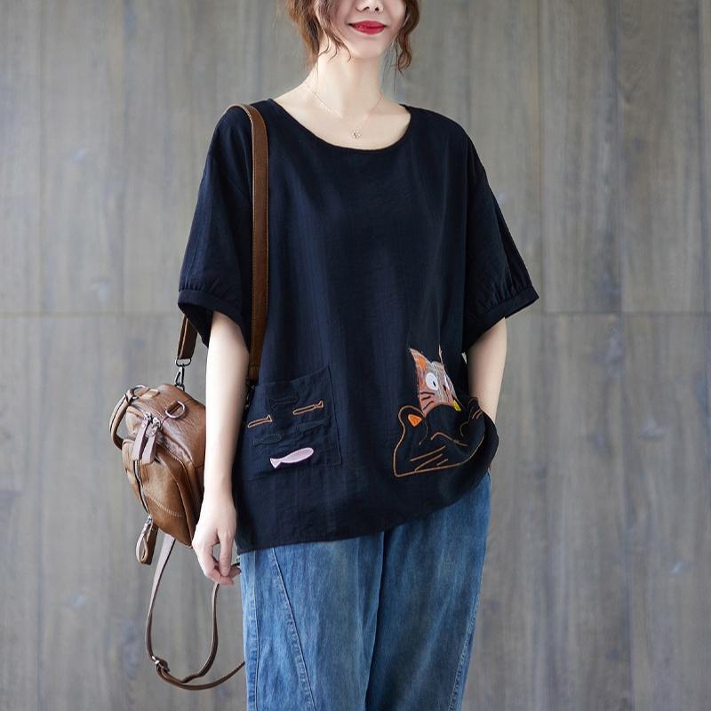 Korean Style Plus Size Summer Women Ramie Top O Neck White Black Blue Casual Loose T-Shirt Cartoon Embroidery Oversized Ladies' Tee
