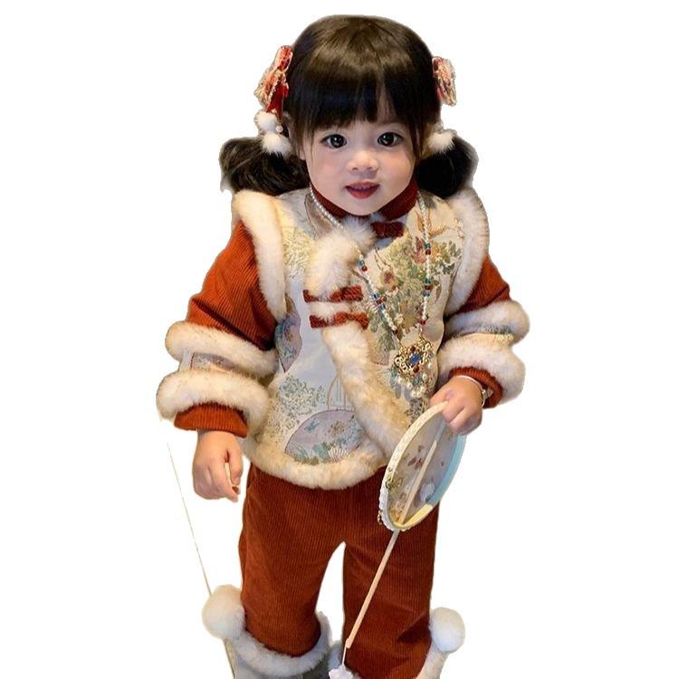 2025 Girls' New Year Fleece-lined Winter Outfit - Fashionable Toddler Set