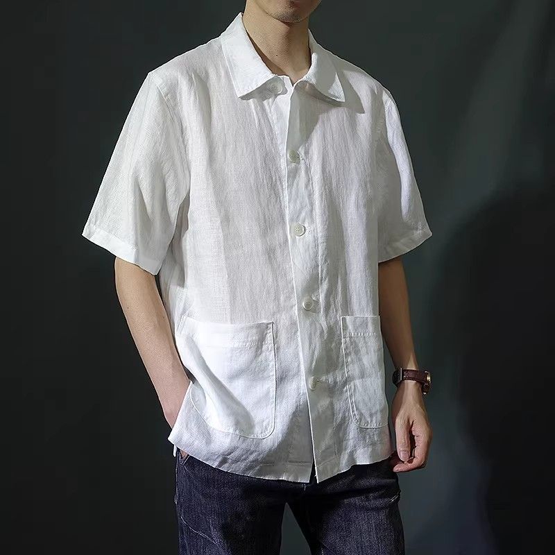 Men s Linen Blend Short Sleeve Shirt, Casual Button-Down Cuban Collar Shirt With Pockets M белый