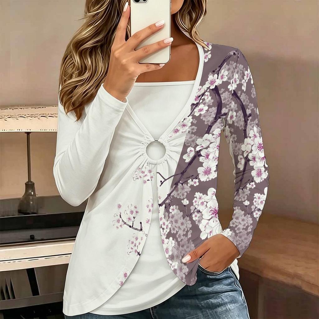 Tops for Women Flower Print Long Sleeve Fake Two‑Piece Top Fall Casual Slim Pullover Women's Long Sleeve Top