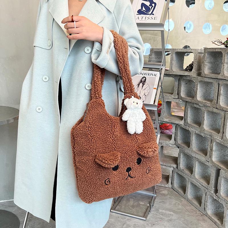 2025 Plush Teddy Bear Shoulder Bag: Cute Ears, Large Capacity, Winter Trend, Lazy Style Handbag for Women