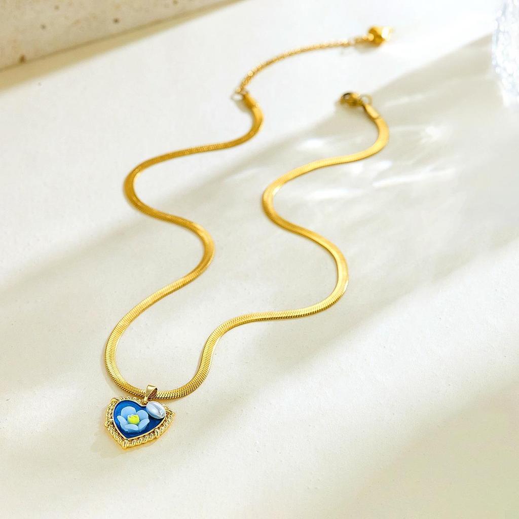 Little Mermaid Heart Pendant Necklace with Hand-Painted Flowers - Versatile Women's Fashion Accessory