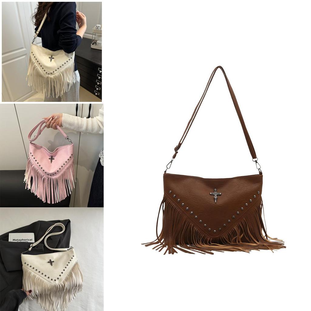 Bohemian Fringe Single Shoulder Bag With Rivets Pu Material For Casual Day Use