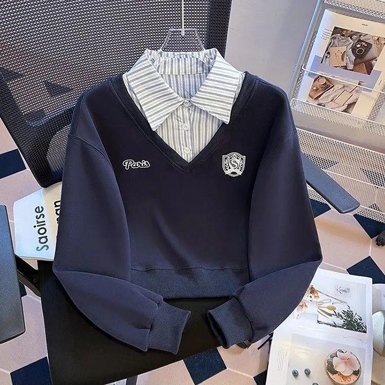 Plus Size Two-Piece Patchwork Polo Neck Sweatshirt - Women's Loose Slimming College Style for Spring & Autumn