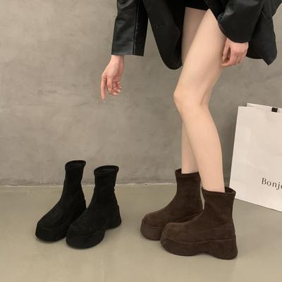 Bottes à plateforme pour femmes printemps automne bottines à la mode en daim élastiques à enfiler chaussures pour femmes décontractées solides bottines à talons hauts épais