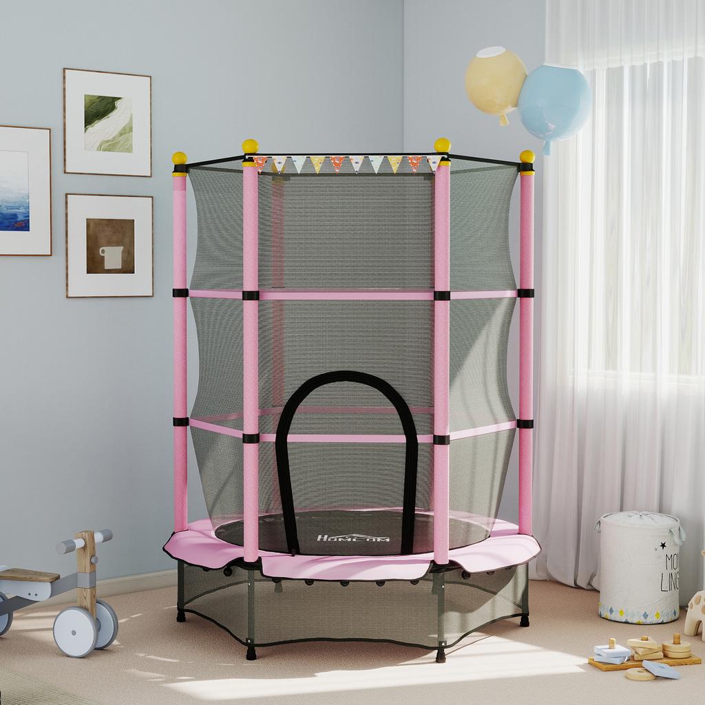 4.6FT/55" Kids Trampoline with Enclosure Net, Outdoor Indoor Use, for Ages 3-10 Years, Pink