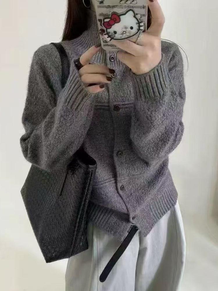 Women's Winter Korean High Neck Wool Sweater Coat - Casual, Warm, Single-Breasted, Loose Fit.
