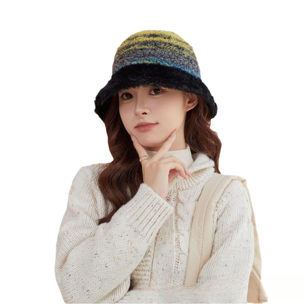 

Новая теплая защита ушей шляпа рыбака для женщин плюшевая градиентная цветная блокировка шляпа-ведро осень-зима шерстяная вязаная универсальная шляпа-ведро average size