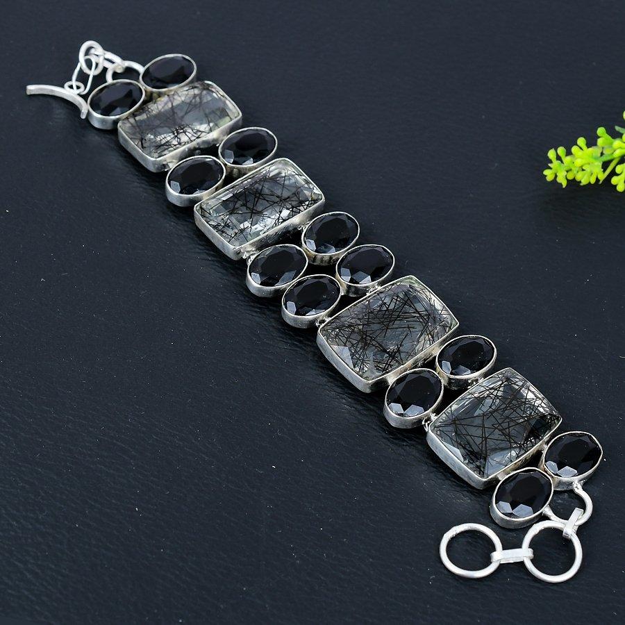 Natural Black Rutile, Spinel Handmade 925 Sterling Silver Bracelet 7-8" A8u73