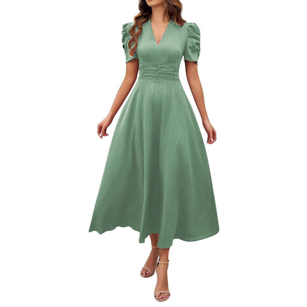 2026 Spring Summer Women's High Waist Solid Color Waist-Cinching Short Sleeve Dress