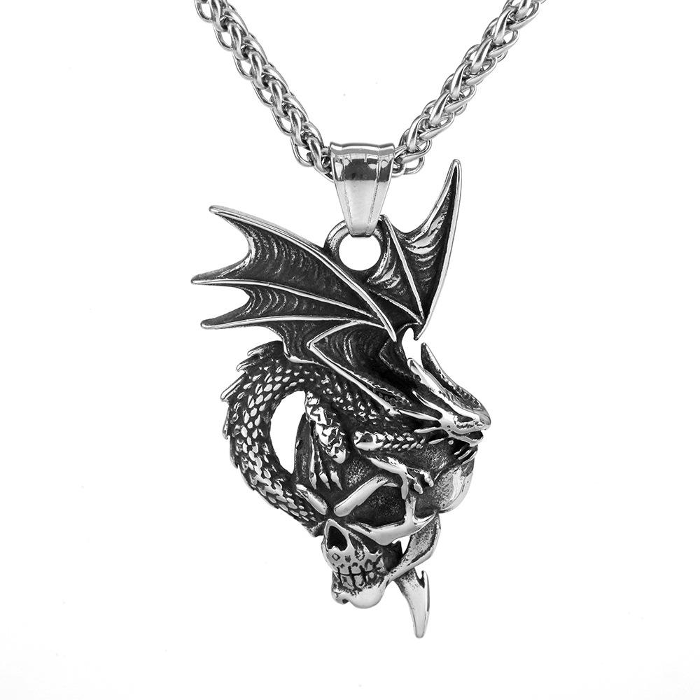 Vintage Dragon Skull Pendant Necklace for Men Stainless Steel Gothic Jewelry Unique Handmade Gift