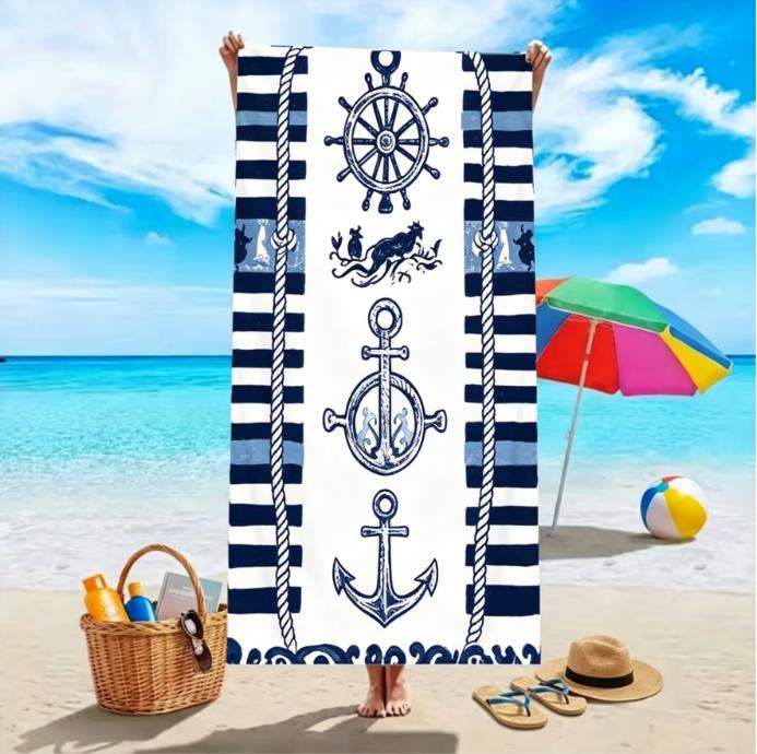 Large Microfiber Beach Towel, Nautical Anchor & Ship Wheel Print, Sand Free & Quick Dry, for Summer Beach Use