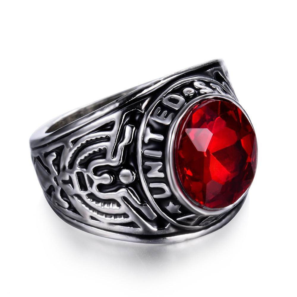 Vintage Stainless Steel Jewelry American Gi Eagle Ruby Titanium Steel Ring