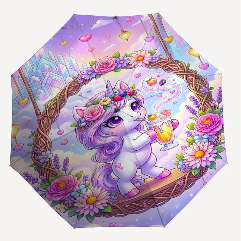 1PC Unicorn Flowers Umbrella-8-Rib Reinforced, Automatic Open, Lightweight & Durable, Fashion Accessory for Outdoor, H0337