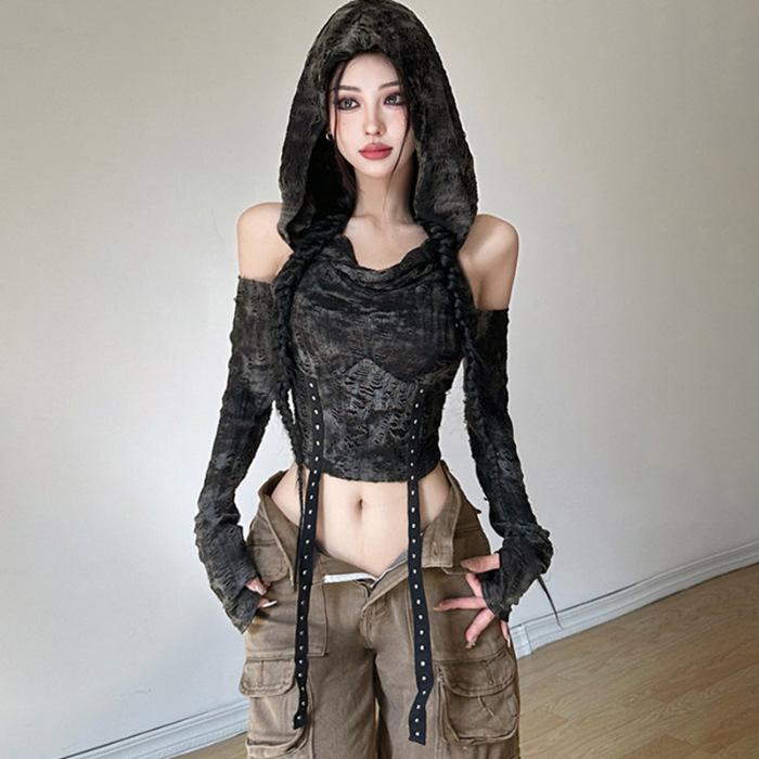 

Wasteland wind hand-worn hooded off-the-shoulder long-sleeved T-shirt women s thin high-waisted personalized short top S черный серый