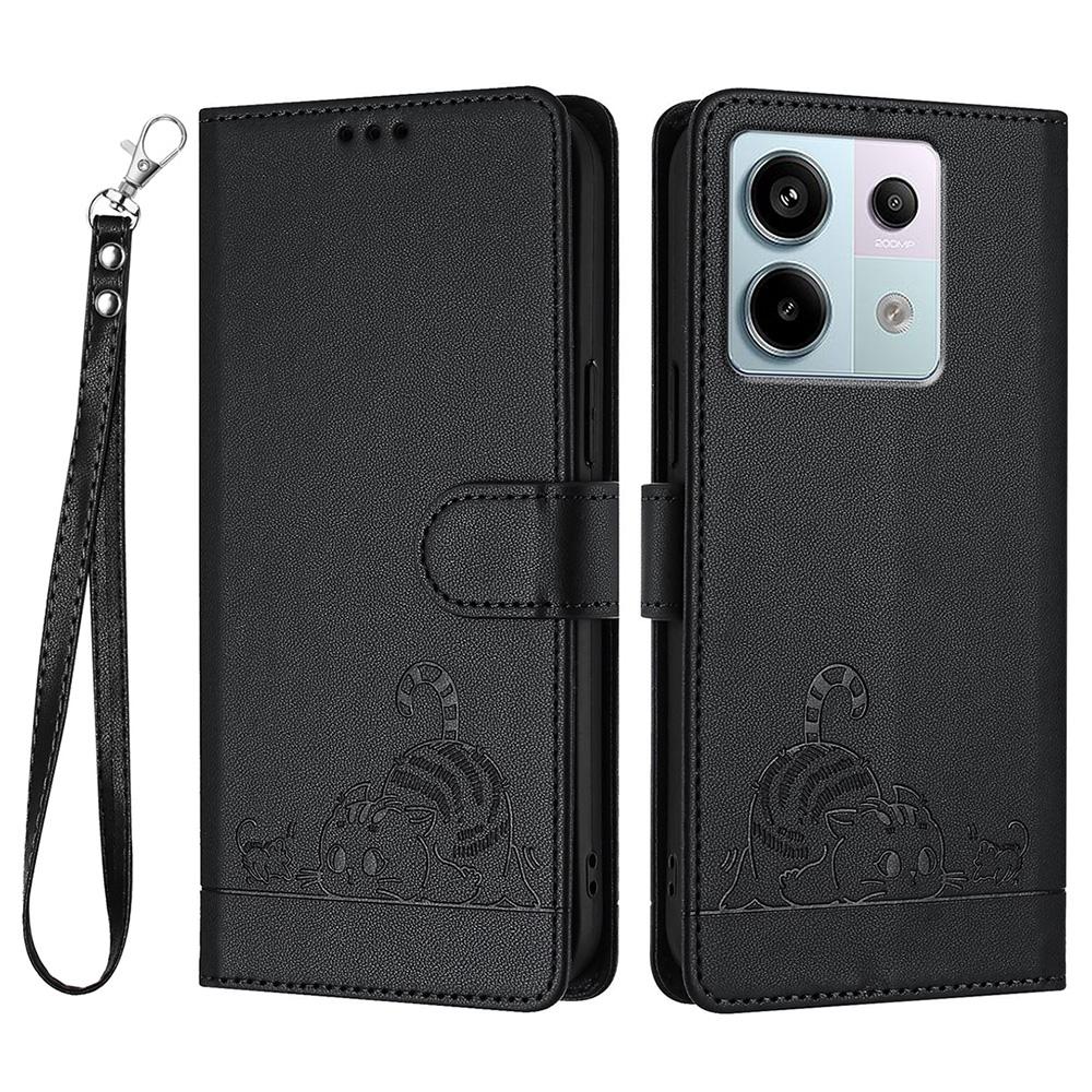For Xiaomi Redmi Note 13 Pro 5G/Poco X6 5G Case with Strap RFID Blocking Leather Wallet Phone Cover Cat Mouse Pattern - Black
