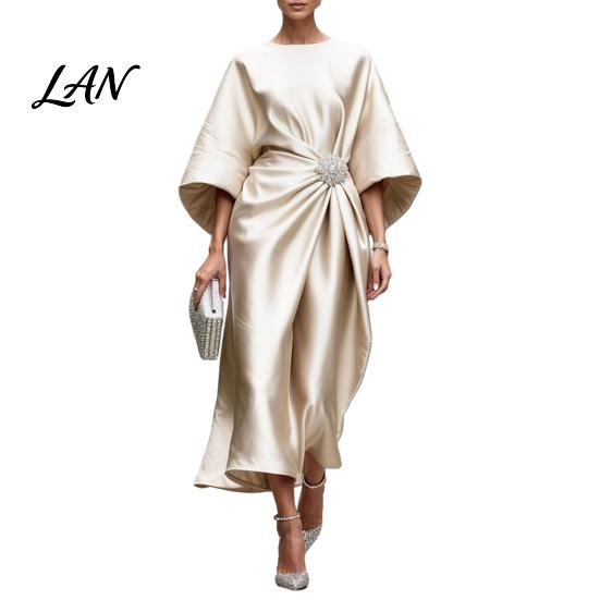 Lightweight Summer Dress Women's Satin Batwing Sleeve Maxi Dress, Rhinestone Accent Crew Neck Elegant Solid Color Evening Party A Line Formal Wedding