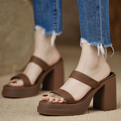Sommer Damenabsätze Prägnante Leder Riemchensandaletten Blockabsatz Plateau Sandalen Elegant 8cm Hohe Absätze Mode Partyschuhe