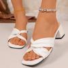 Summer   Open Toe Solid Color Weave Slides Simple Soft Leather Large Size Slippers Square Heel High Heels Sandals