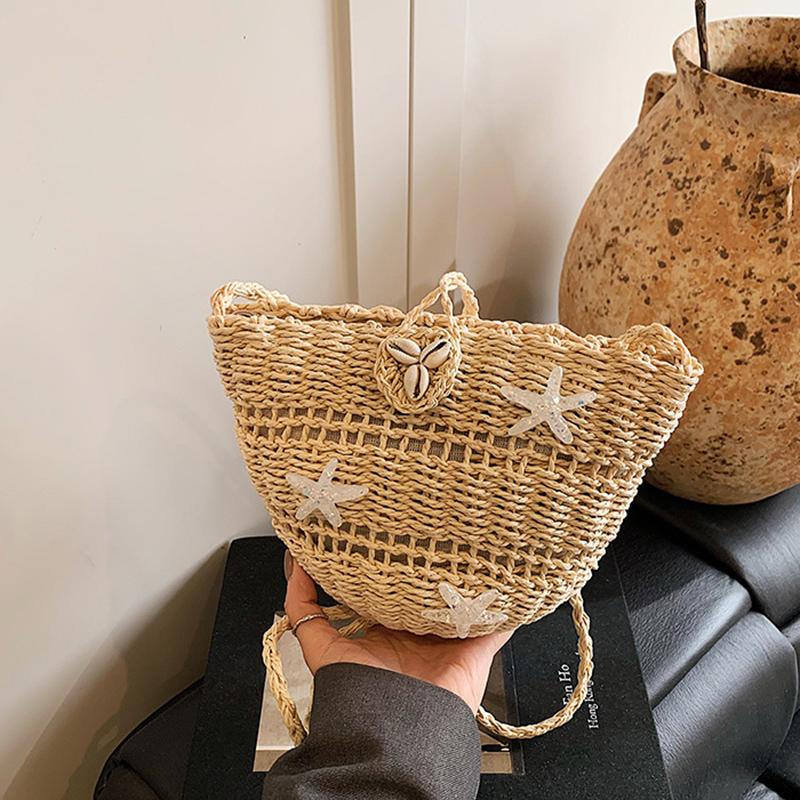 

Yogodlns Shell Flower Decoration Design Woven Crossbody Bags Woman Y2K Harajuku Vintage Beach Vacation Style Handbag 23x12.5x17cm бежевый