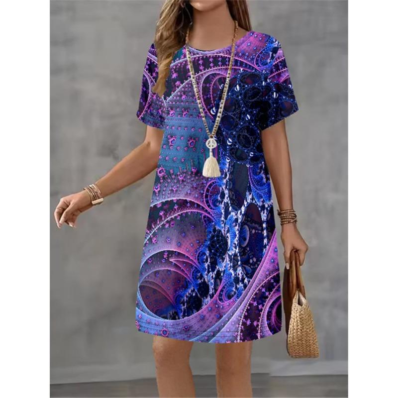 Women Dress Gradient Printing Design Sense Pattern New Summer Elegant Women A-Line Dress Casual Short Sleeve Mini Dress