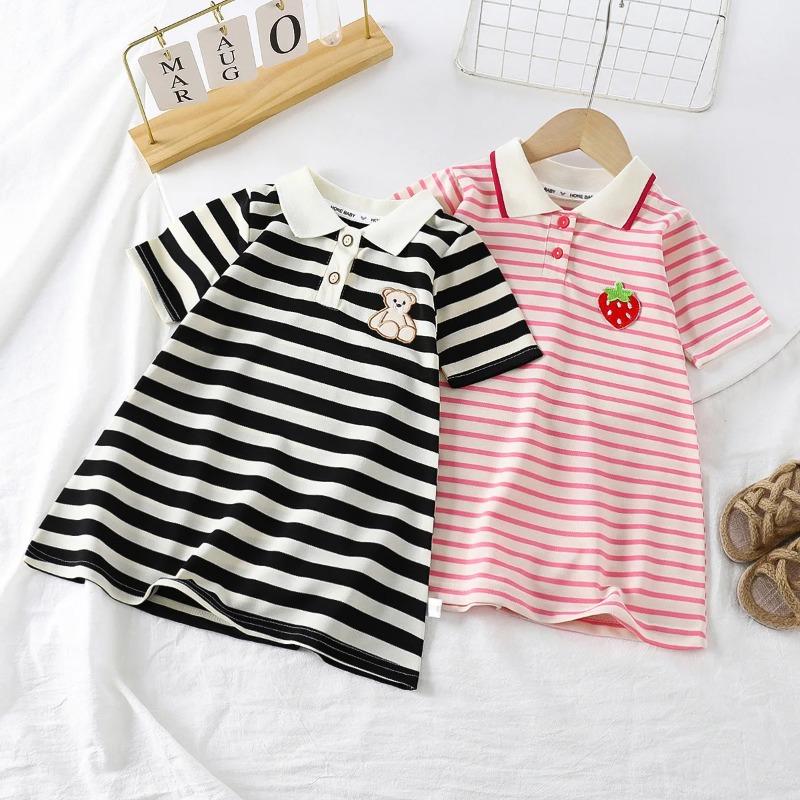 Children's Dress Girls' Summer Korean Edition Striped Strawberry Lapel Casual Dresses