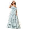 Idyllic Sweet Cake Dress European And American Bubble Sleeves Short Sleeves Lace-Up Waist Plain Floral Fairy Dress Long Dress
