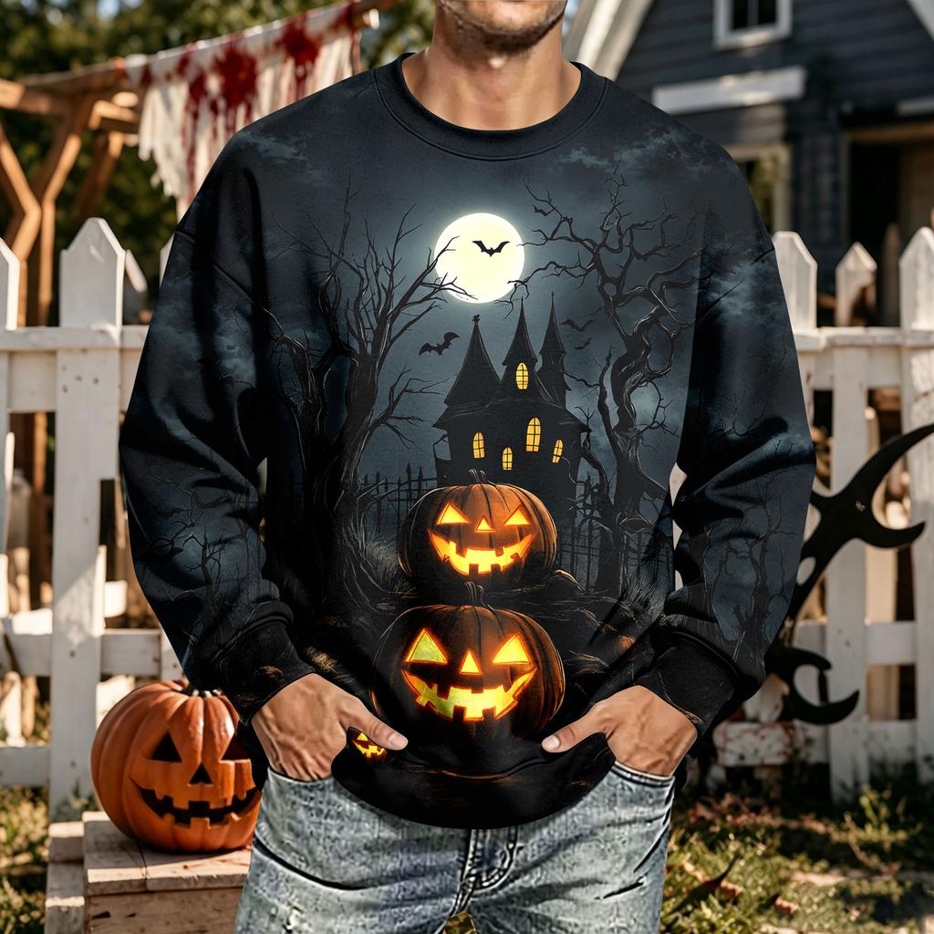 Men's Halloween Print Neck Long Sleeve Sweatshirt Casual Pullover Top