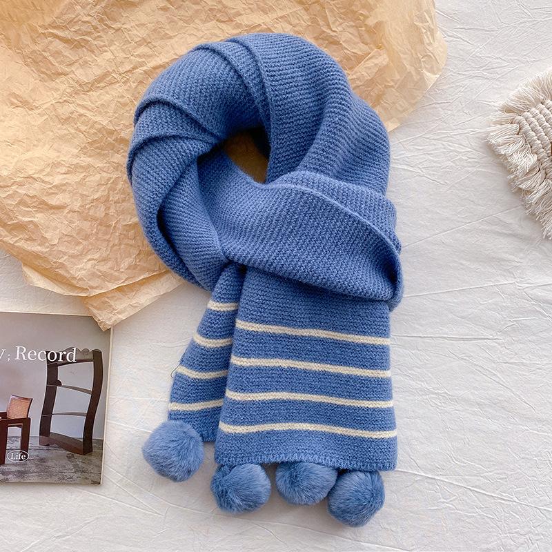 Cute Big Hairball Knitted Scarf Women's New Winter Model with Wool Thickened Contrasting Stripes Wool Warm Scarf