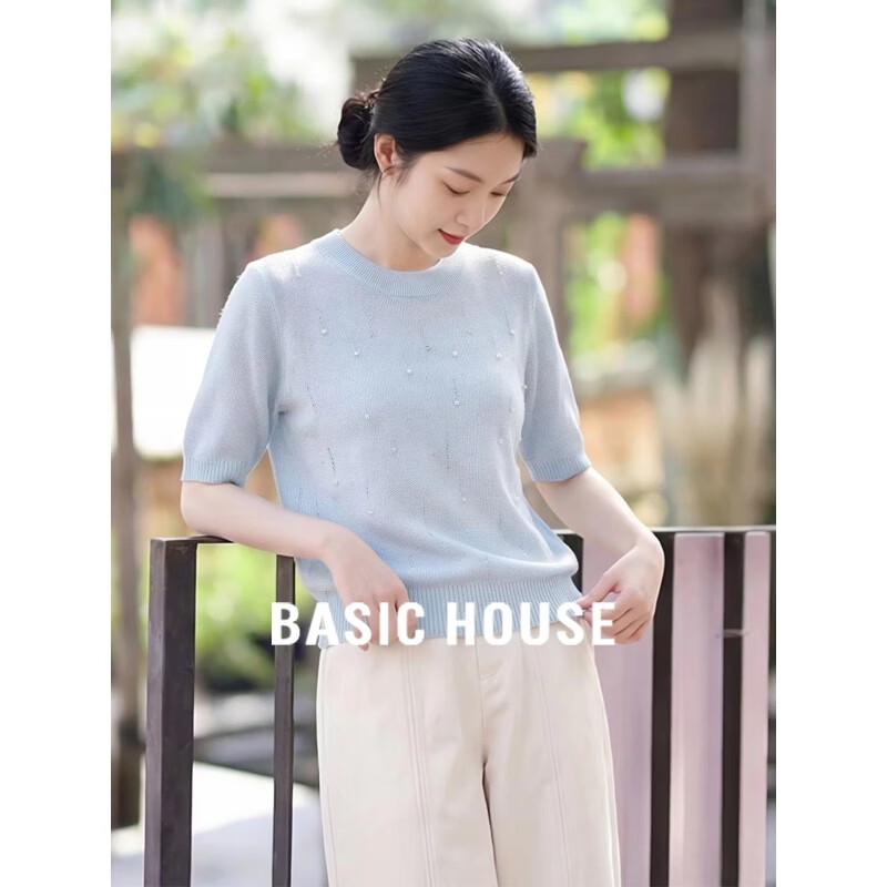 Basic House Women s Beaded Round Neck Short Sleeve T-Shirt One Size