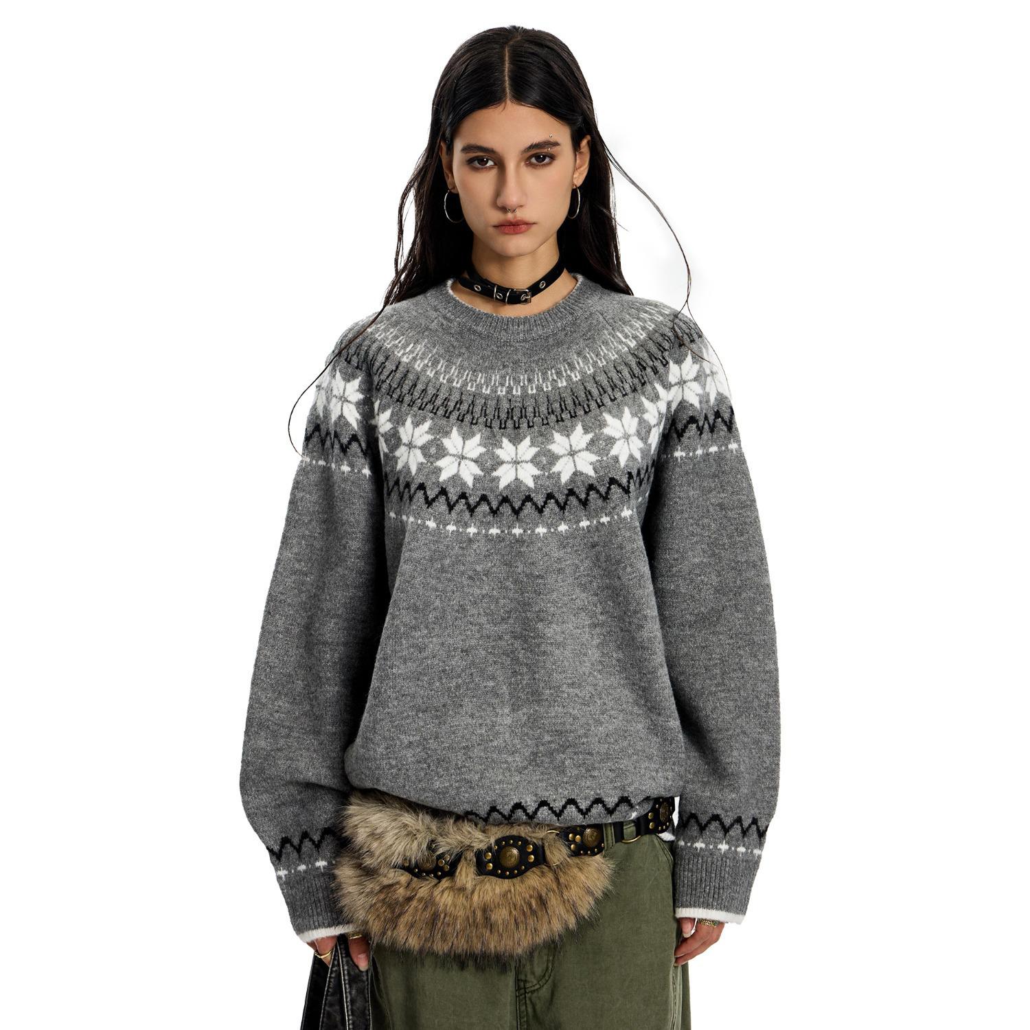 

Versatile Men s Fair Isle Ethnic Round Neck Sweater - Autumn/Winter Retro Knit Pullover M сірий колір