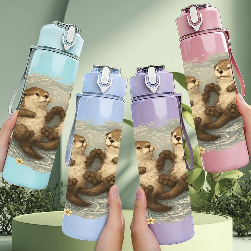1PC Twin Hugging Otters 750ml Color Plastic Sports Water Bottle Leakproof Flip Straw Lid Suitable for Sports Office Home Use